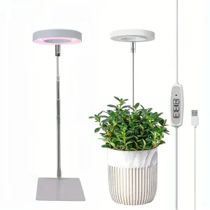 Full Spectrum LED Ring Grow Light – USB-Powered with Adjustable Height & Timer (White Light)